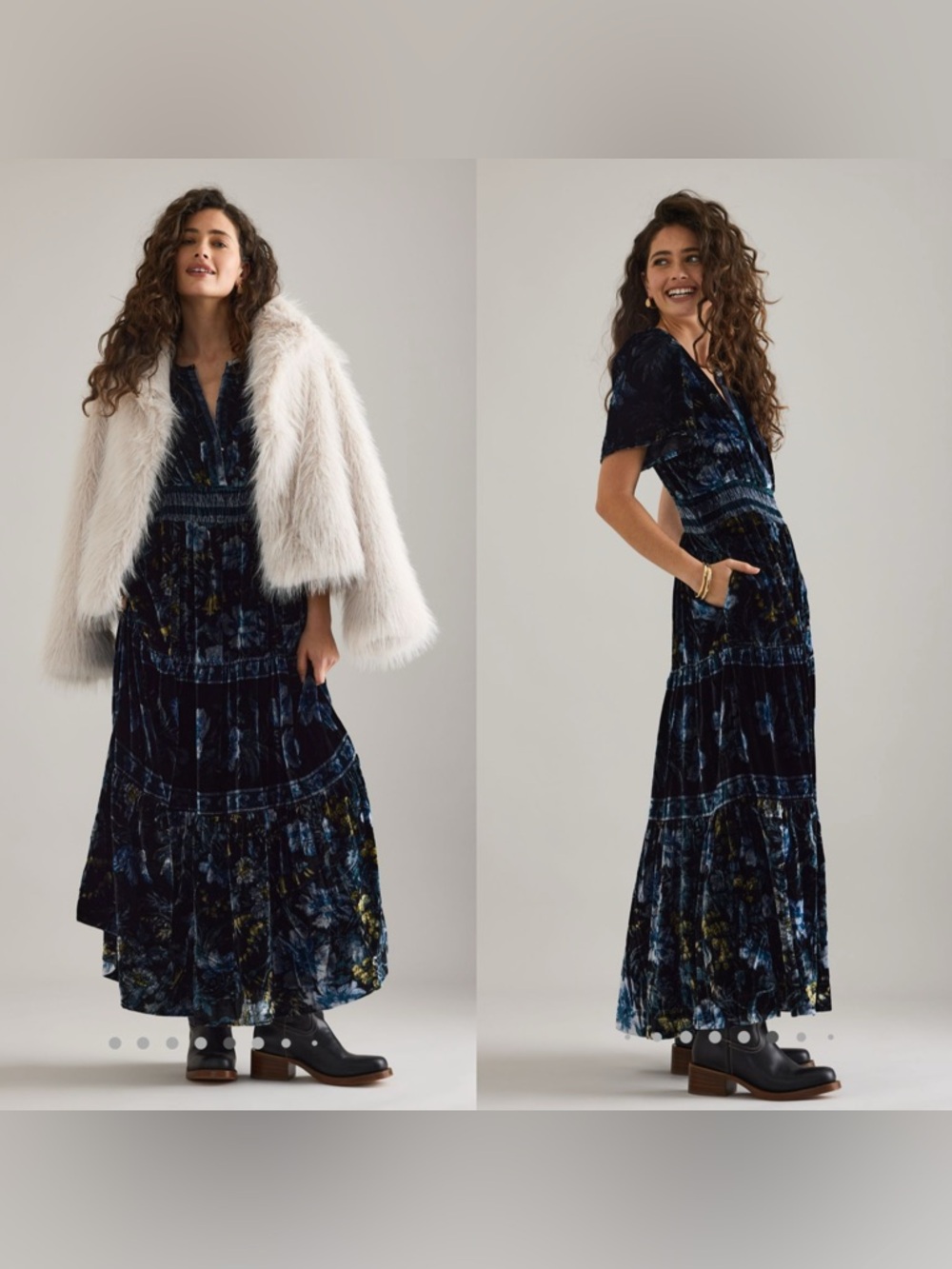 Anthropologie Navy Blue Velvet Floral Maxi Dress
